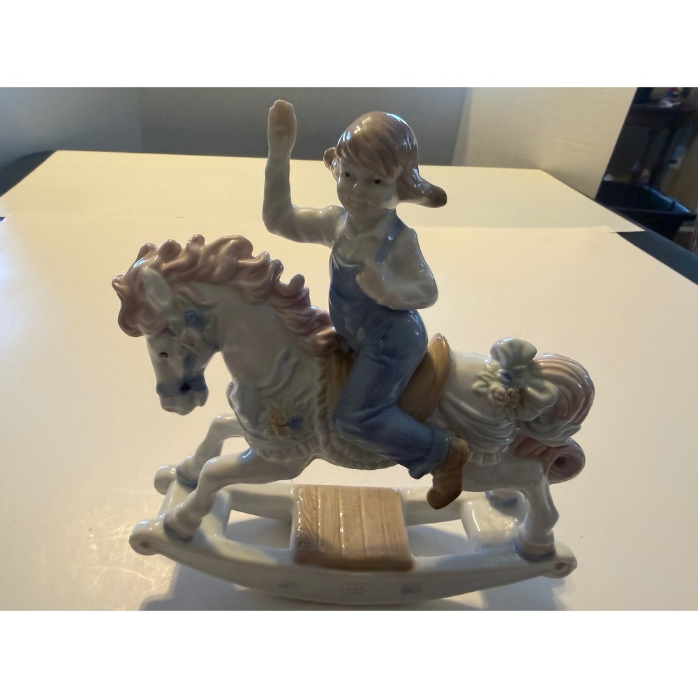 Vintage Porcelain Figurine Boy Riding Rocking Horse Blue Overalls Children Decor